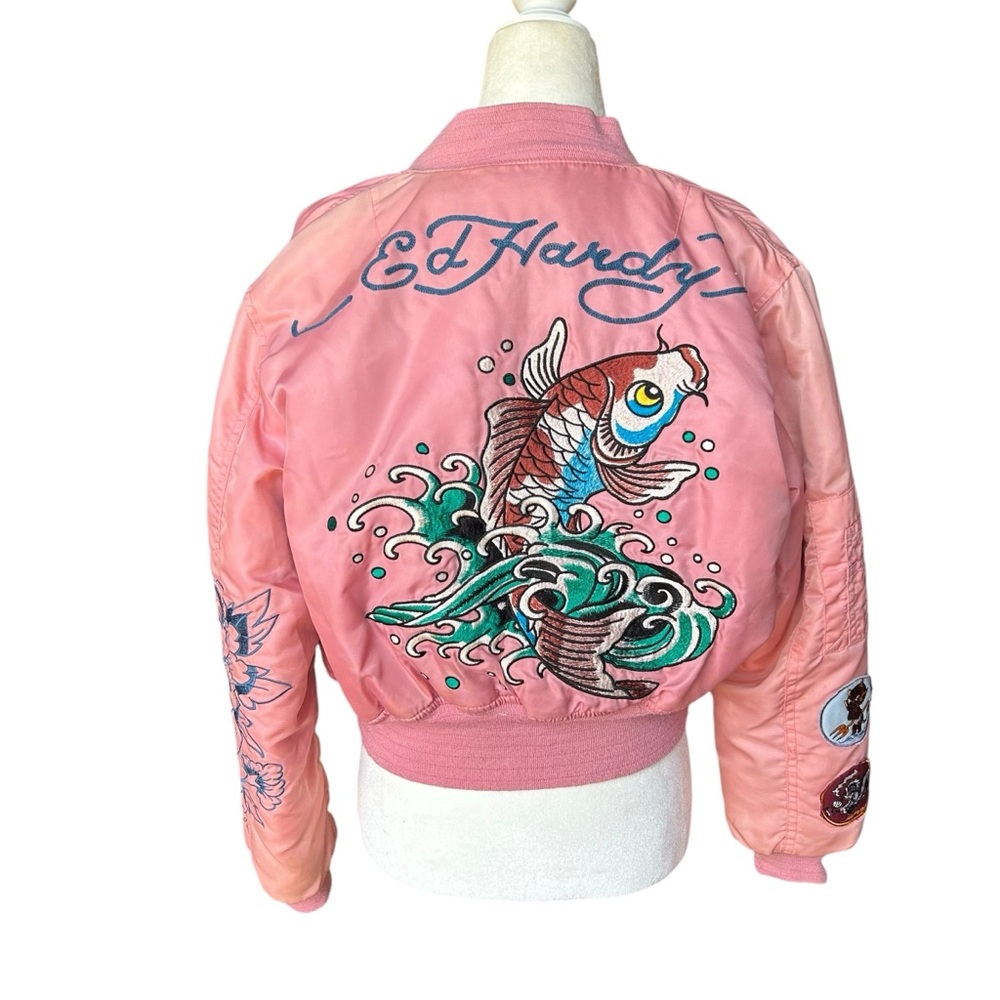 Vintage Ed Hardy Reversible Pink Bomber Jacket with Koi and Tattoo patches Y2K